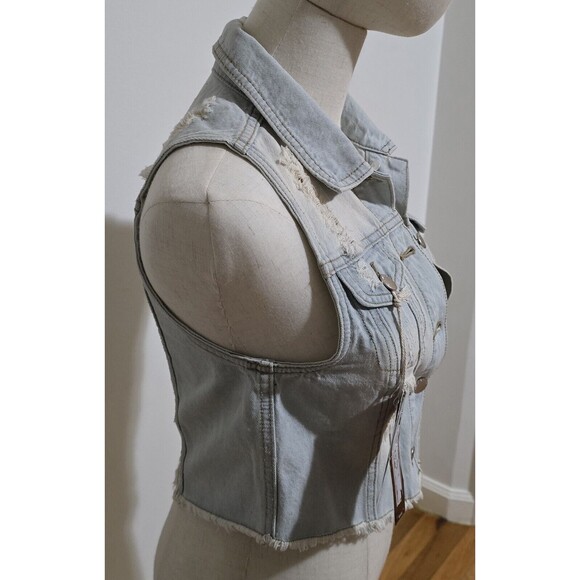 Denim Trucker Style Vest Womens Small Distressed Button Front Sleeveless Y2K New - Picture 11 of 16